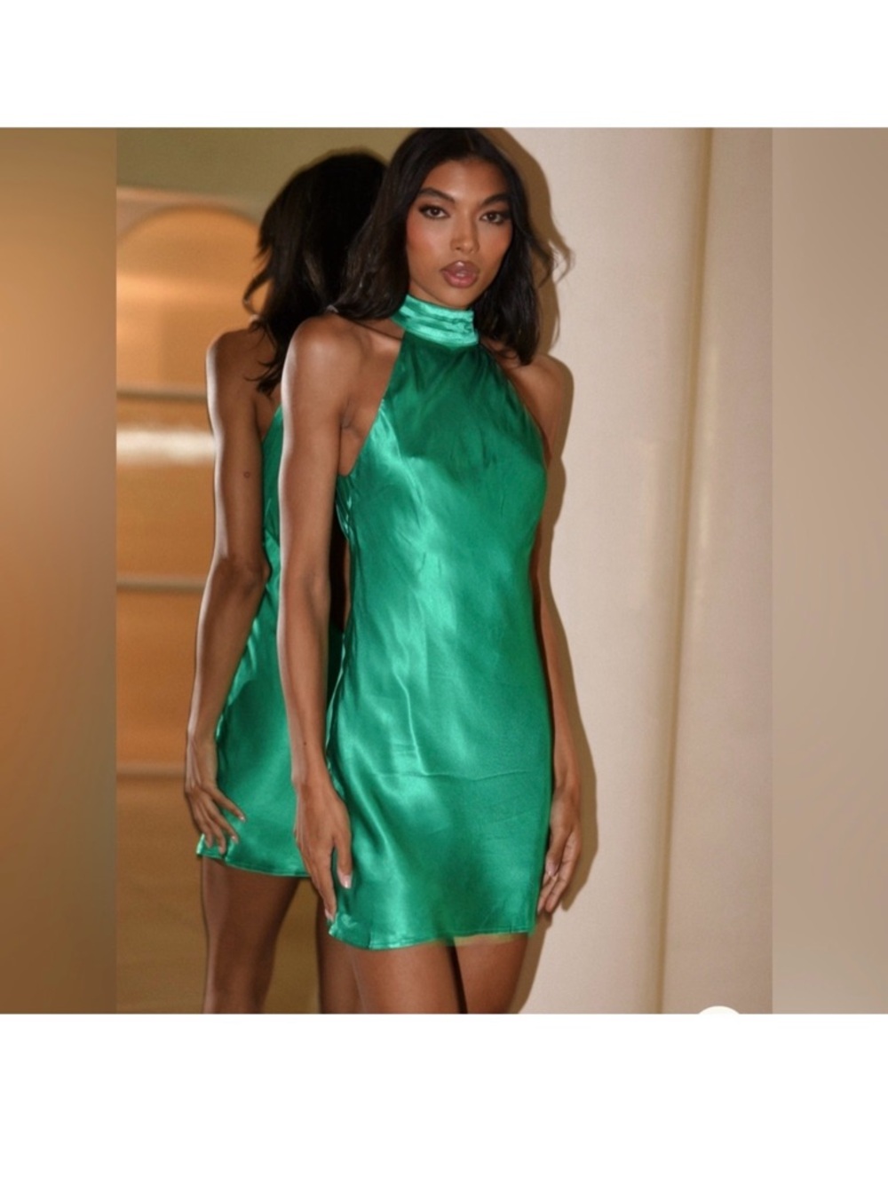 Meshki Green Satin High Neck Mini Dress